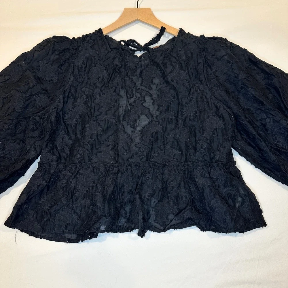 Free People Peplum Blouse Women Large Black Floral Textured Whimsigoth Fairycore